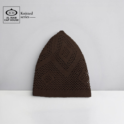 Front view of ICH Turkish Brown Islamic Knitted Cap ICH-0000-N22 showcasing detailed knitted texture, premium cotton blend construction, comfortable fit and stylish Muslim prayer cap for namaz, Jummah, Eid and daily wear.