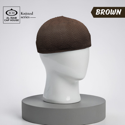 Dummy view of ICH Turkish Brown Islamic Knitted Cap ICH-0000-N23 featuring premium Turkish knitted craftsmanship, breathable cotton fabric, lightweight comfort and elegant kufi cap design for Muslim men.