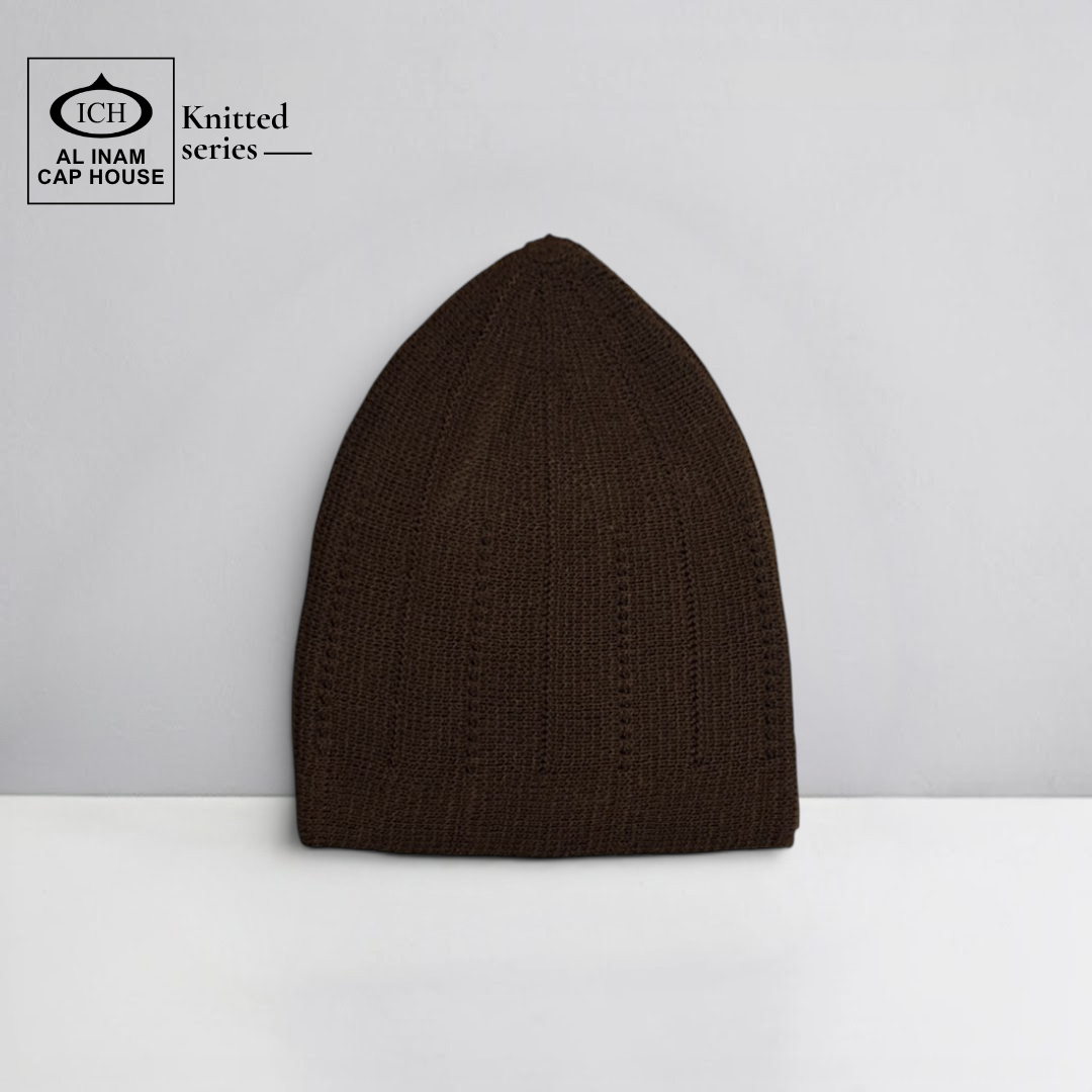 Front view of ICH Turkish Brown Islamic Knitted Cap ICH-0000-N18 showcasing detailed knitted pattern, premium cotton construction, comfortable fit and stylish Muslim prayer cap for namaz, Jummah, Eid and everyday Islamic wear.