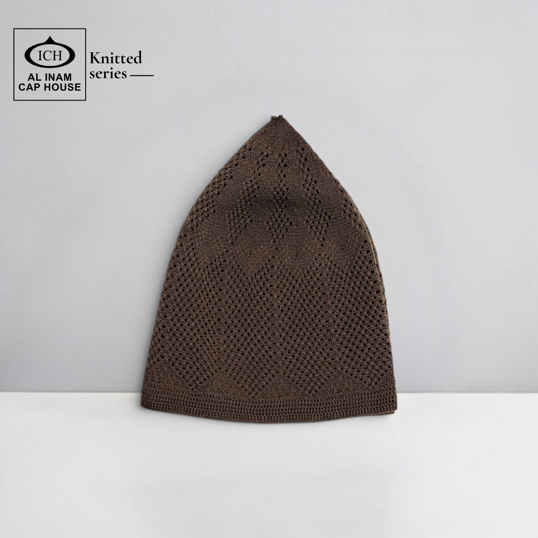 Front view of ICH Turkish Brown Islamic Knitted Cap ICH-0000-N23 showcasing detailed knitted pattern, premium cotton construction, comfortable fit and stylish Muslim prayer cap for namaz, Jummah, Eid and everyday Islamic wear.