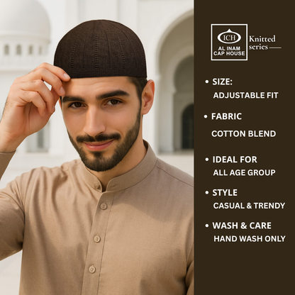 Model view of ICH Turkish Brown Islamic Knitted Cap ICH-0000-N18 displaying modern Islamic style, breathable knitted cotton fabric, secure fit and comfortable kufi cap for Muslim men during prayers and special occasions.