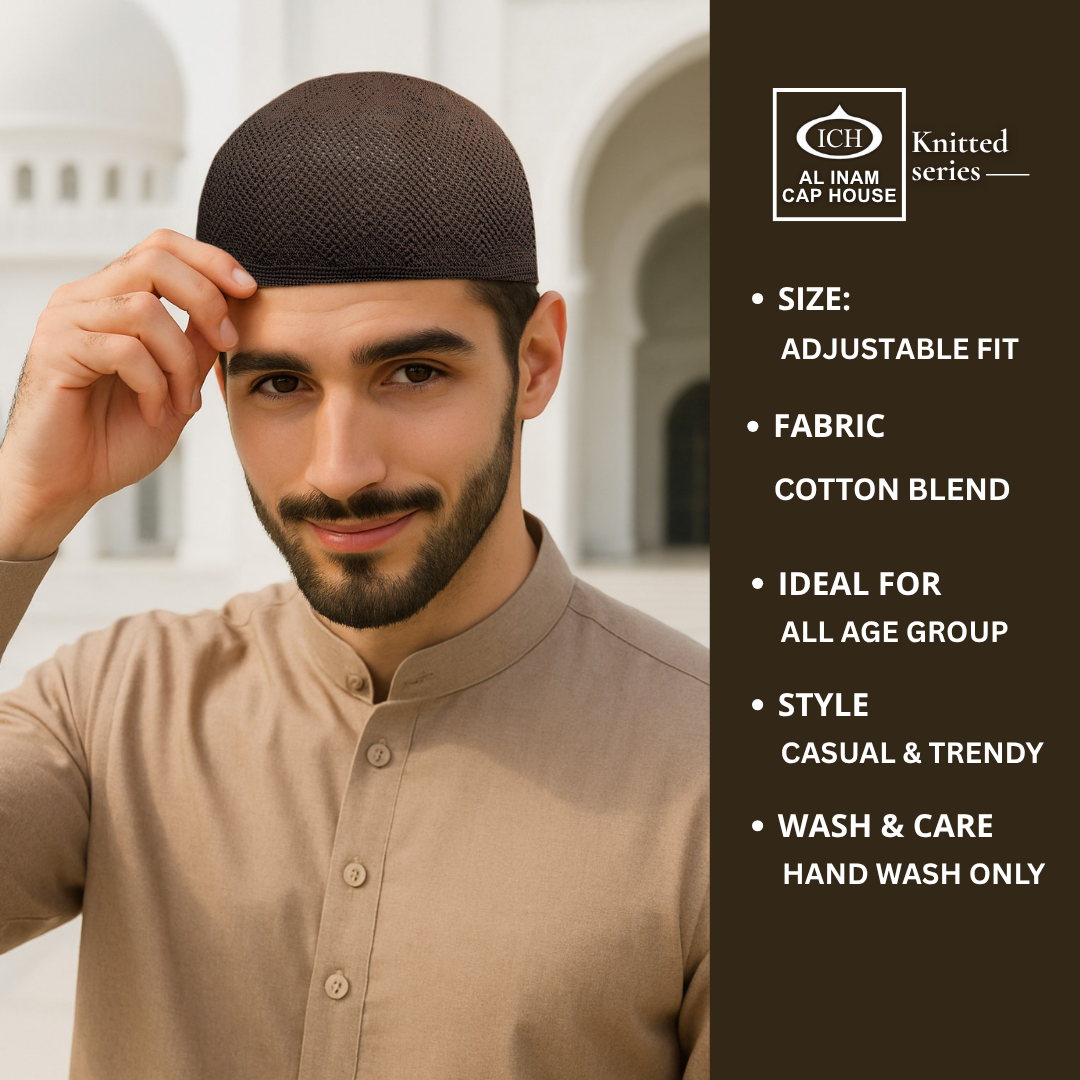 Model view of ICH Turkish Brown Islamic Knitted Cap ICH-0000-N23 displaying modern Islamic style, breathable knitted cotton fabric, secure fit and comfortable kufi cap for Muslim men during prayers and special occasions.