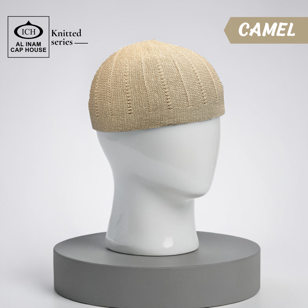 Dummy view of ICH Turkish Camel Islamic Knitted Cap ICH-0000-N18 featuring premium Turkish knitted craftsmanship, breathable cotton fabric, lightweight comfort and elegant kufi cap design for Muslim men, suitable for prayer and daily wear.