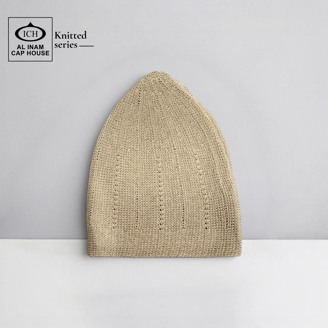 Front view of ICH Turkish Camel Islamic Knitted Cap ICH-0000-N18 showcasing detailed knitted pattern, premium cotton construction, comfortable fit and stylish Muslim prayer cap for namaz, Jummah, Eid and everyday Islamic wear.