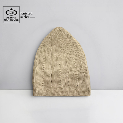 Front view of ICH Turkish Camel Islamic Knitted Cap ICH-0000-N18 showcasing detailed knitted pattern, premium cotton construction, comfortable fit and stylish Muslim prayer cap for namaz, Jummah, Eid and everyday Islamic wear.