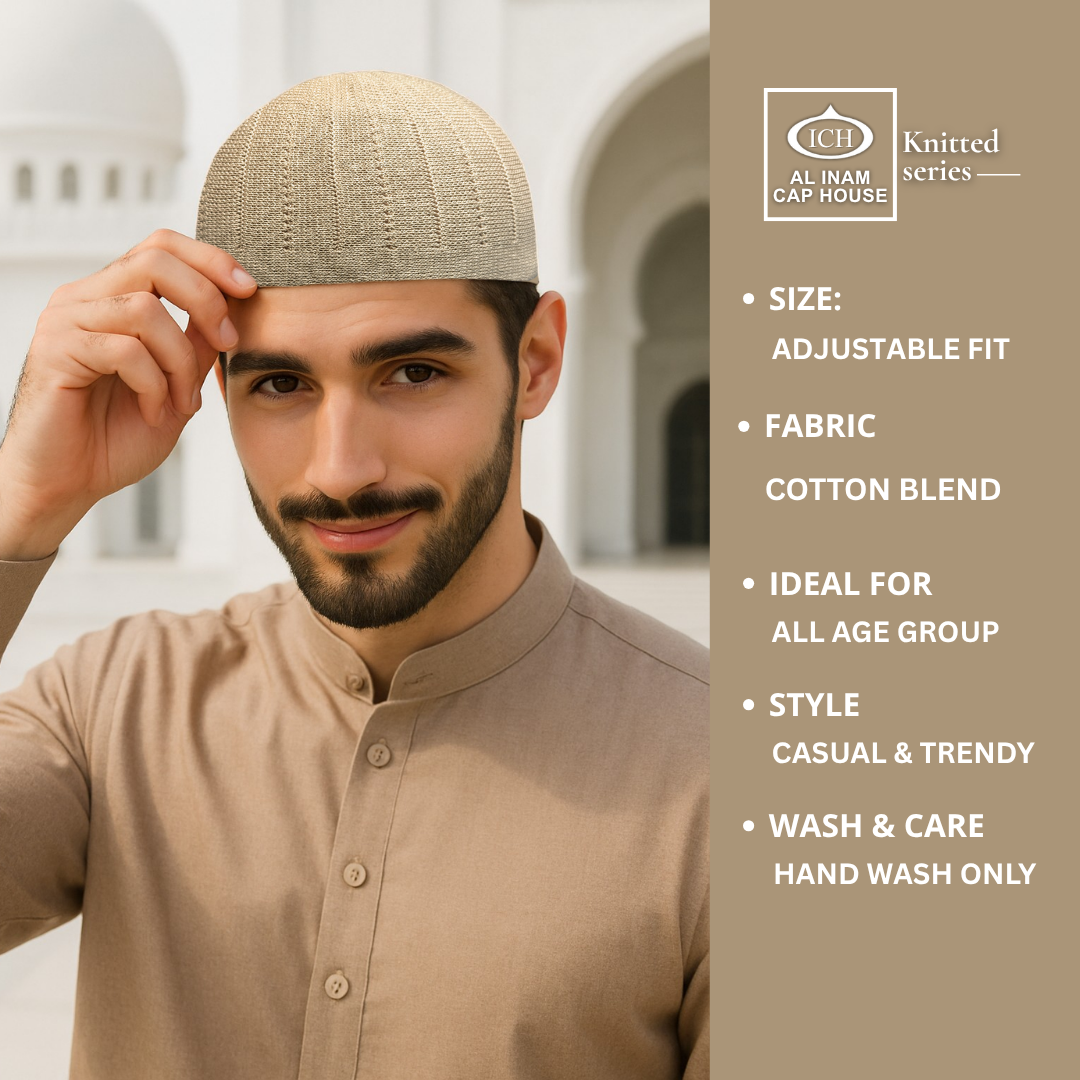 Model view of ICH Turkish Camel Islamic Knitted Cap ICH-0000-N18 displaying modern Islamic style, breathable knitted cotton fabric, secure fit and comfortable kufi cap for Muslim men during prayers and special occasions.
