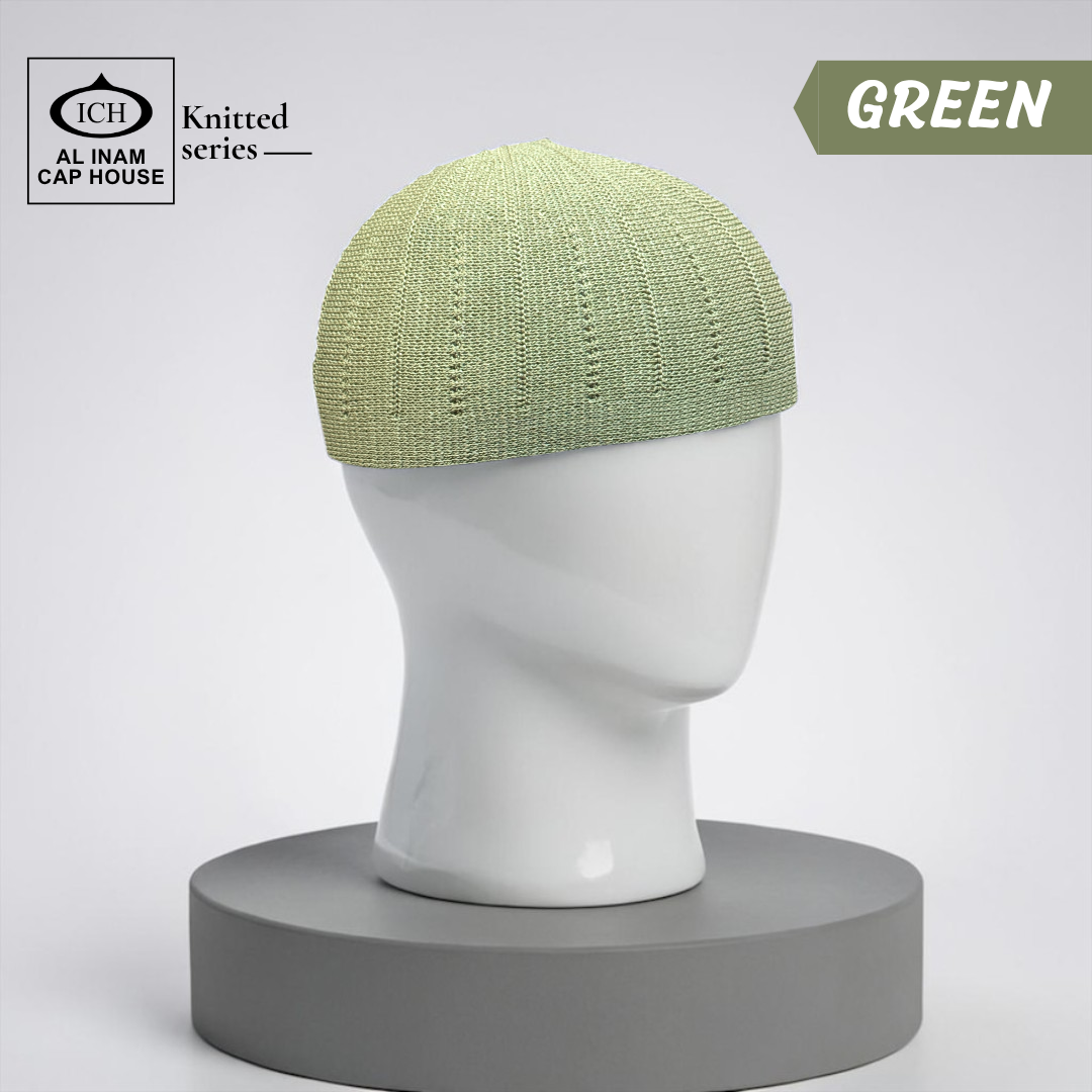 Dummy view of ICH Turkish Green Islamic Knitted Cap ICH-0000-N18 featuring premium Turkish knitted craftsmanship, breathable cotton fabric, lightweight comfort and elegant kufi cap design for Muslim men, suitable for prayer and daily wear.