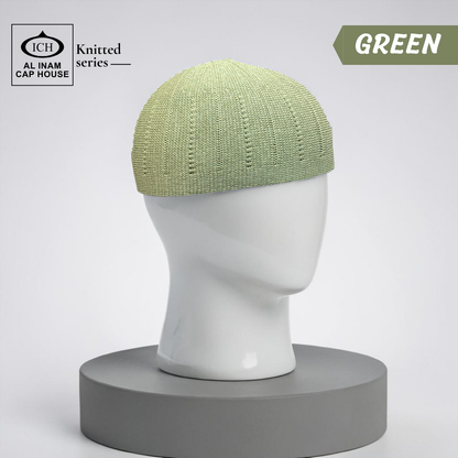 Dummy view of ICH Turkish Green Islamic Knitted Cap ICH-0000-N18 featuring premium Turkish knitted craftsmanship, breathable cotton fabric, lightweight comfort and elegant kufi cap design for Muslim men, suitable for prayer and daily wear.