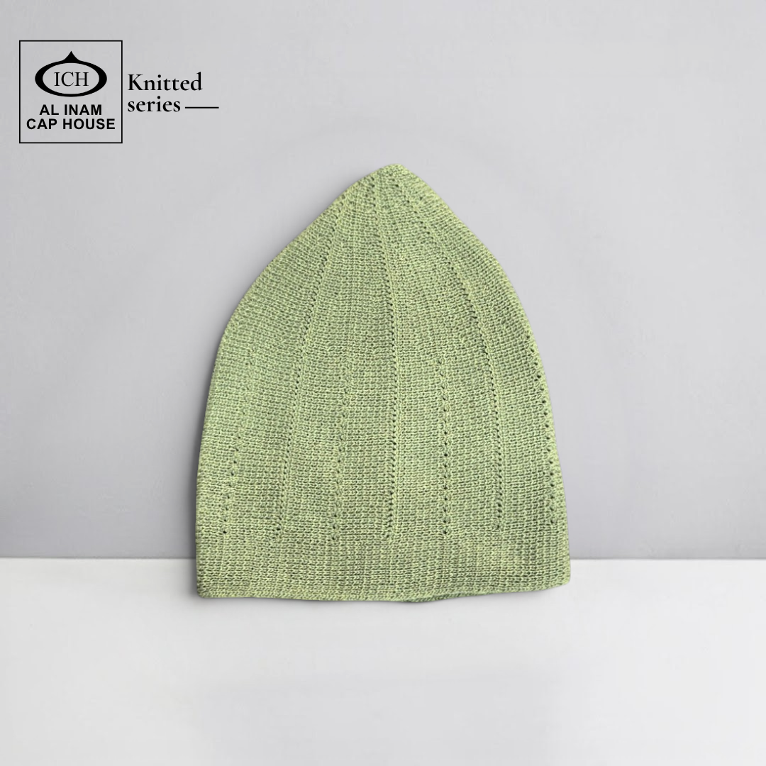 Front view of ICH Turkish Green Islamic Knitted Cap ICH-0000-N18 showcasing detailed knitted pattern, premium cotton construction, comfortable fit and stylish Muslim prayer cap for namaz, Jummah, Eid and everyday Islamic wear.