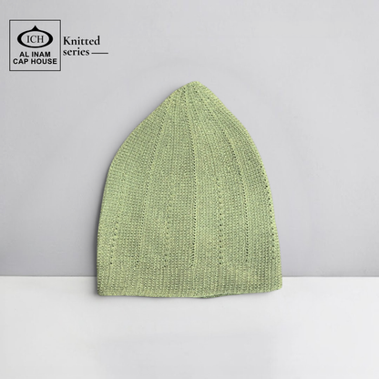 Front view of ICH Turkish Green Islamic Knitted Cap ICH-0000-N18 showcasing detailed knitted pattern, premium cotton construction, comfortable fit and stylish Muslim prayer cap for namaz, Jummah, Eid and everyday Islamic wear.