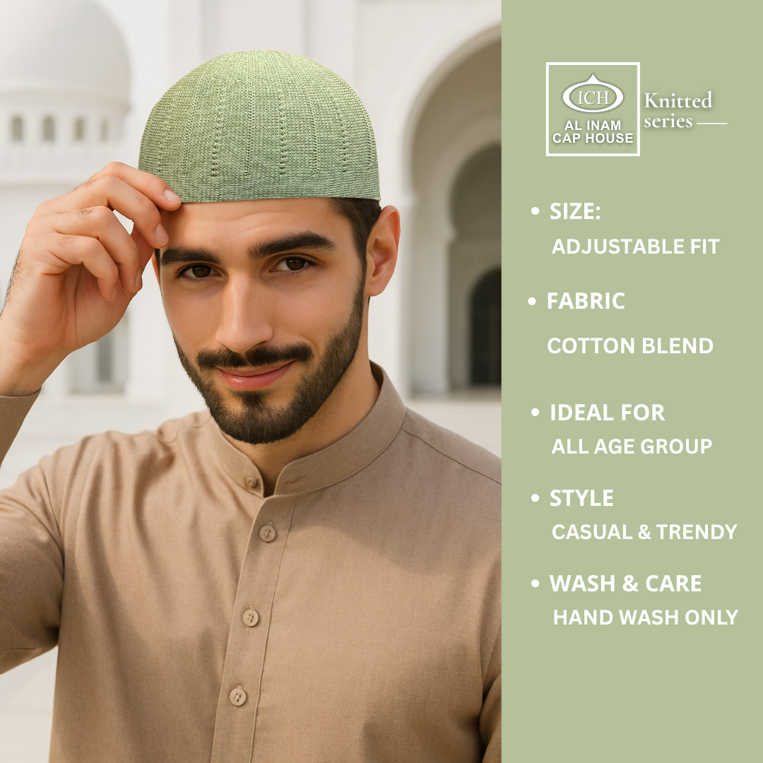 Model view of ICH Turkish Green Islamic Knitted Cap ICH-0000-N18 displaying modern Islamic style, breathable knitted cotton fabric, secure fit and comfortable kufi cap for Muslim men during prayers and special occasions.