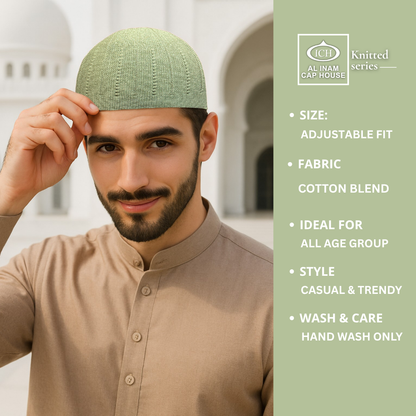 Model view of ICH Turkish Green Islamic Knitted Cap ICH-0000-N18 displaying modern Islamic style, breathable knitted cotton fabric, secure fit and comfortable kufi cap for Muslim men during prayers and special occasions.