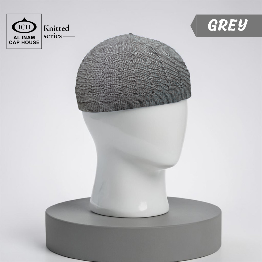 Dummy view of ICH Turkish Grey Islamic Knitted Cap ICH-0000-N18 featuring premium Turkish knitted craftsmanship, breathable cotton fabric, lightweight comfort and elegant kufi cap design for Muslim men, suitable for prayer and daily wear.