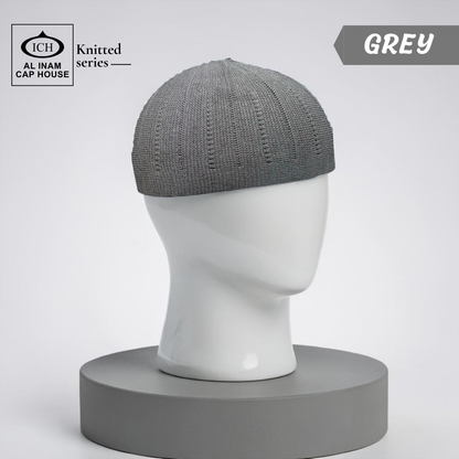 Dummy view of ICH Turkish Grey Islamic Knitted Cap ICH-0000-N18 featuring premium Turkish knitted craftsmanship, breathable cotton fabric, lightweight comfort and elegant kufi cap design for Muslim men, suitable for prayer and daily wear.