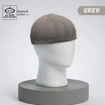 Dummy view of ICH Turkish Grey Islamic Knitted Cap ICH-0000-N23 featuring premium Turkish knitted craftsmanship, breathable cotton fabric, lightweight comfort and elegant kufi cap design for Muslim men.