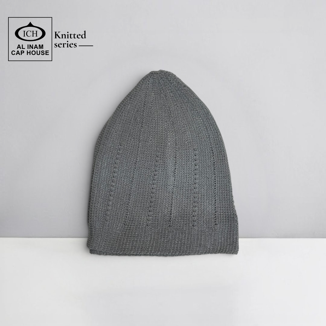 Front view of ICH Turkish Grey Islamic Knitted Cap ICH-0000-N18 showcasing detailed knitted pattern, premium cotton construction, comfortable fit and stylish Muslim prayer cap for namaz, Jummah, Eid and everyday Islamic wear.