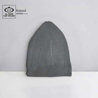 Front view of ICH Turkish Grey Islamic Knitted Cap ICH-0000-N18 showcasing detailed knitted pattern, premium cotton construction, comfortable fit and stylish Muslim prayer cap for namaz, Jummah, Eid and everyday Islamic wear.