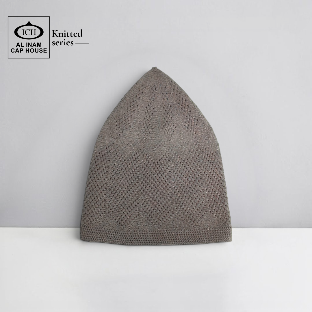 Front view of ICH Turkish Grey Islamic Knitted Cap ICH-0000-N23 showcasing detailed knitted pattern, premium cotton construction, comfortable fit and stylish Muslim prayer cap for namaz, Jummah, Eid and everyday Islamic wear.