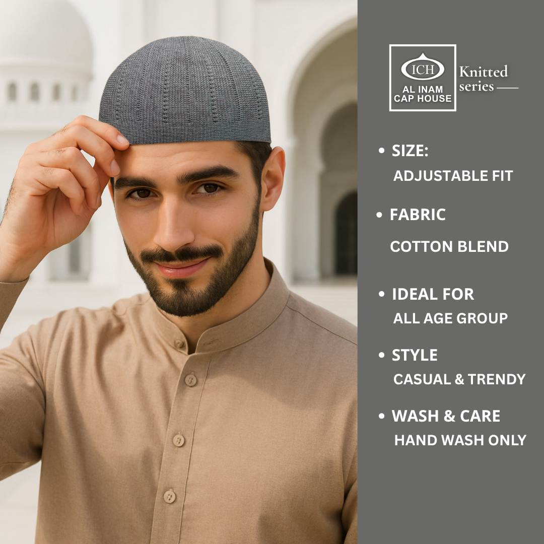 Model view of ICH Turkish Grey Islamic Knitted Cap ICH-0000-N18 displaying modern Islamic style, breathable knitted cotton fabric, secure fit and comfortable kufi cap for Muslim men during prayers and special occasions.