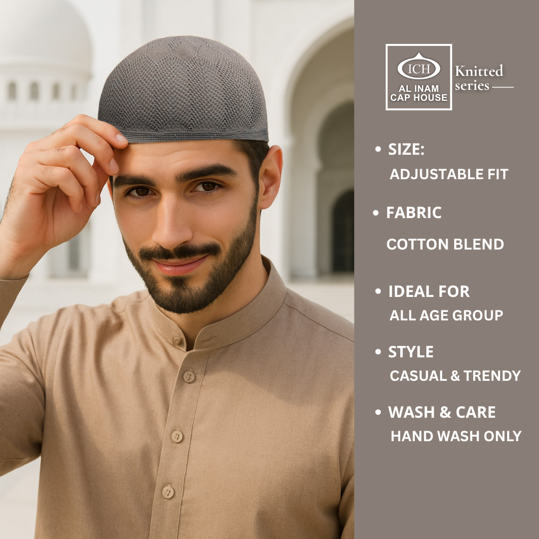 Model view of ICH Turkish Grey Islamic Knitted Cap ICH-0000-N23 displaying modern Islamic style, breathable knitted cotton fabric, secure fit and comfortable kufi cap for Muslim men during prayers and special occasions.