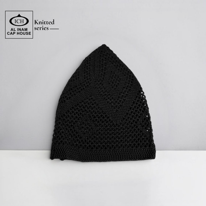 Front view of ICH Turkish Black Islamic Knitted Cap ICH-0000-N22 showcasing detailed knitted pattern, premium cotton blend fabric, comfortable fit and stylish Muslim prayer cap for namaz, Jummah, Eid and everyday Islamic wear.
