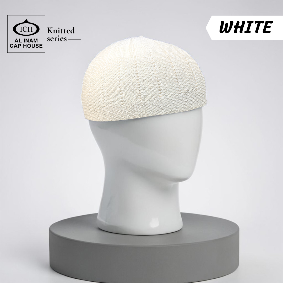 Dummy view of ICH Turkish White Islamic Knitted Cap ICH-0000-N18 featuring premium Turkish knitted craftsmanship, breathable cotton fabric, lightweight comfort and elegant kufi cap design for Muslim men, suitable for prayer and daily wear.