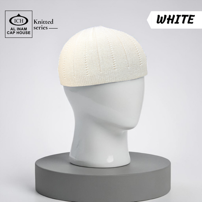 Dummy view of ICH Turkish White Islamic Knitted Cap ICH-0000-N18 featuring premium Turkish knitted craftsmanship, breathable cotton fabric, lightweight comfort and elegant kufi cap design for Muslim men, suitable for prayer and daily wear.