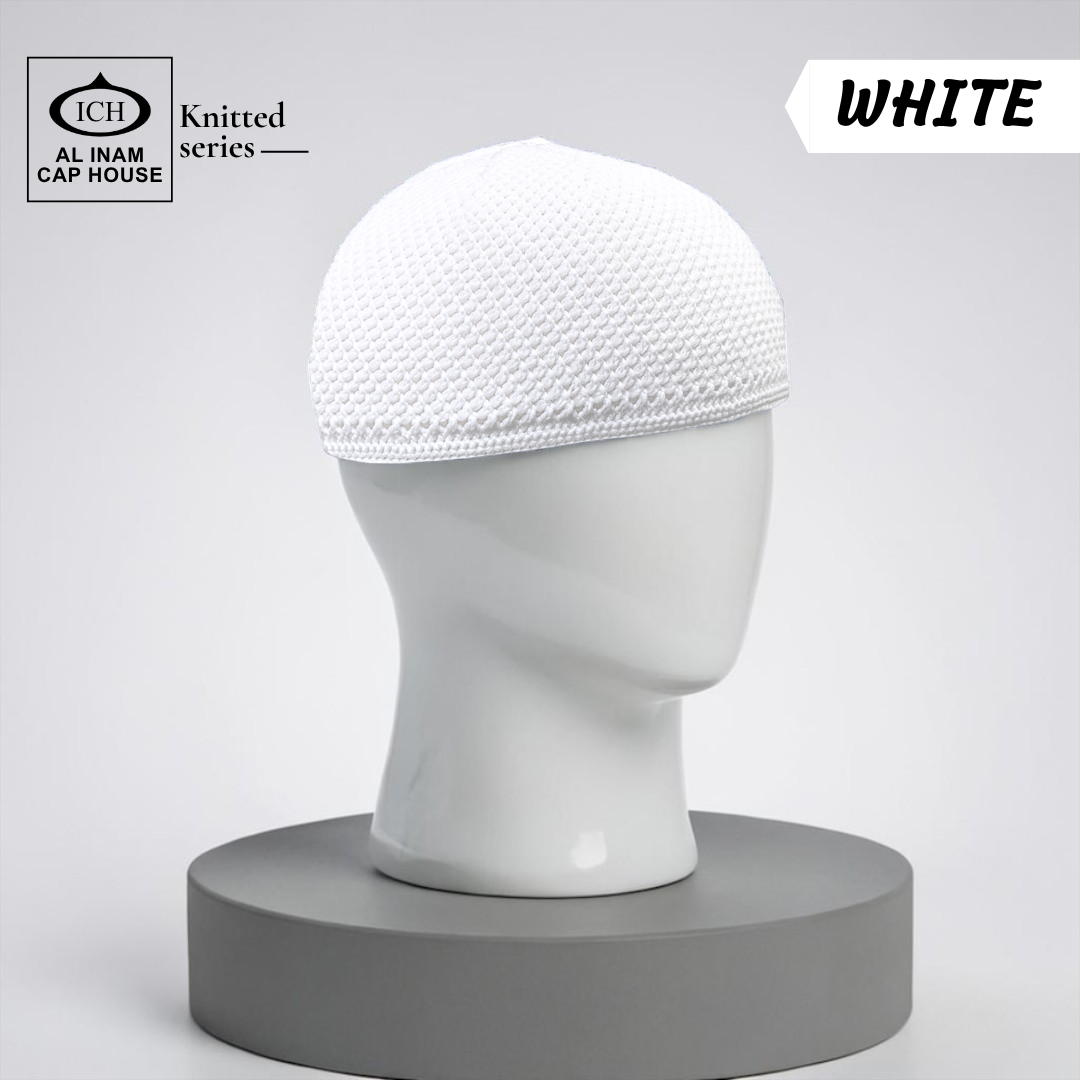 Dummy view of ICH Turkish White Islamic Knitted Cap ICH-0000-N19 featuring premium Turkish knitted craftsmanship, breathable polyester fabric, lightweight comfort and elegant kufi cap design for Muslim men, suitable for prayer and daily wear.