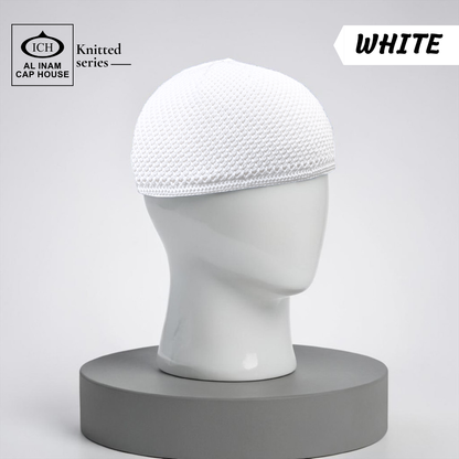 Dummy view of ICH Turkish White Islamic Knitted Cap ICH-0000-N19 featuring premium Turkish knitted craftsmanship, breathable polyester fabric, lightweight comfort and elegant kufi cap design for Muslim men, suitable for prayer and daily wear.