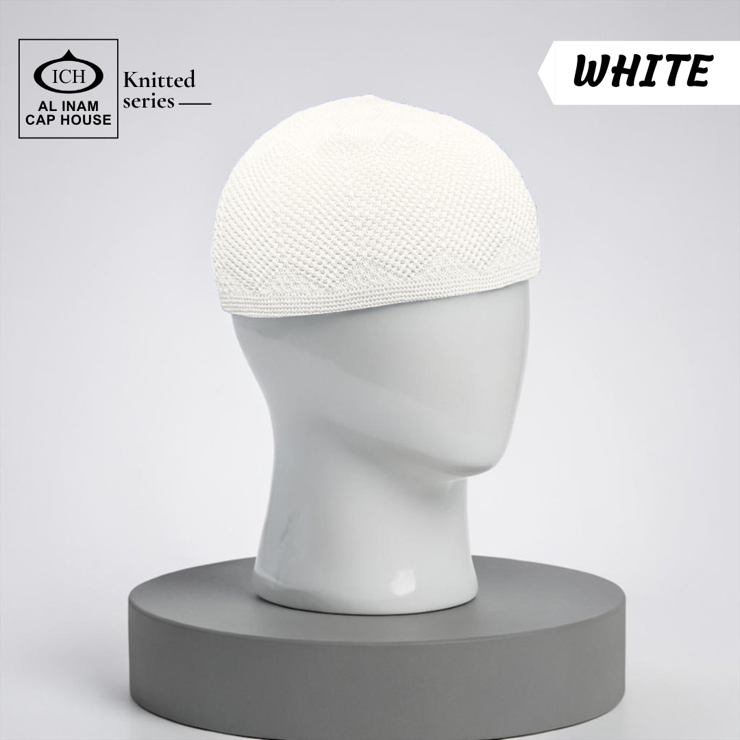 Dummy view of ICH Turkish White Islamic Knitted Cap ICH-0000-N23 featuring premium Turkish knitted craftsmanship, breathable cotton fabric, lightweight comfort and elegant kufi cap design for Muslim men.