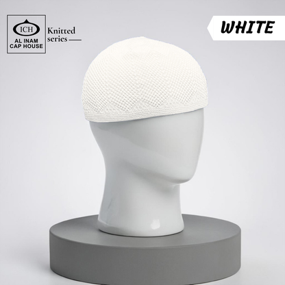 Dummy view of ICH Turkish White Islamic Knitted Cap ICH-0000-N23 featuring premium Turkish knitted craftsmanship, breathable cotton fabric, lightweight comfort and elegant kufi cap design for Muslim men.