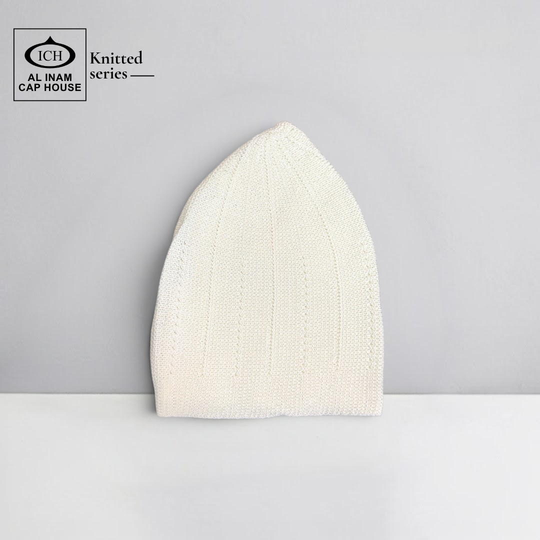 Front view of ICH Turkish White Islamic Knitted Cap ICH-0000-N18 showcasing detailed knitted pattern, premium cotton construction, comfortable fit and stylish Muslim prayer cap for namaz, Jummah, Eid and everyday Islamic wear.