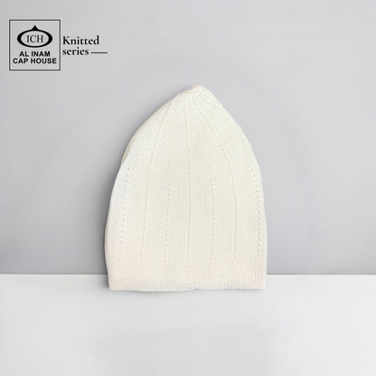 Front view of ICH Turkish White Islamic Knitted Cap ICH-0000-N18 showcasing detailed knitted pattern, premium cotton construction, comfortable fit and stylish Muslim prayer cap for namaz, Jummah, Eid and everyday Islamic wear.