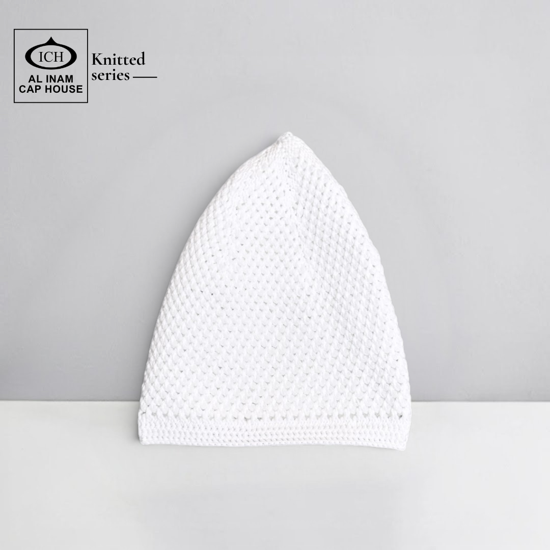 Front view of ICH Turkish White Islamic Knitted Cap ICH-0000-N19 showcasing detailed knitted pattern, premium polyester construction, comfortable fit and stylish Muslim prayer cap for namaz, Jummah, Eid and everyday Islamic wear.