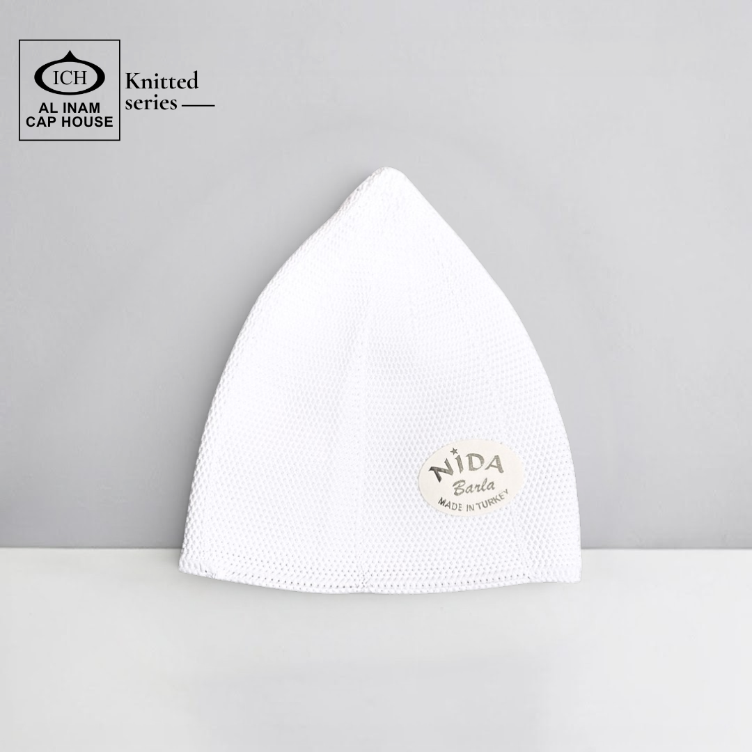 Front view of ICH Turkish White Islamic Knitted Cap ICH-0000-N21 showcasing detailed knitted pattern, premium cotton blend construction, comfortable fit and stylish Muslim prayer cap for namaz, Jummah, Eid and everyday Islamic wear.