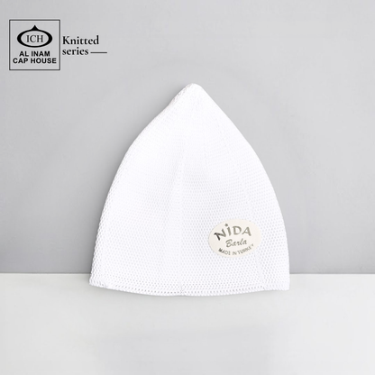 Front view of ICH Turkish White Islamic Knitted Cap ICH-0000-N21 showcasing detailed knitted pattern, premium cotton blend construction, comfortable fit and stylish Muslim prayer cap for namaz, Jummah, Eid and everyday Islamic wear.