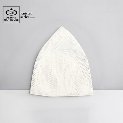 Front view of ICH Turkish White Islamic Knitted Cap ICH-0000-N23 showcasing detailed knitted pattern, premium cotton construction, comfortable fit and stylish Muslim prayer cap for namaz, Jummah, Eid and everyday Islamic wear.