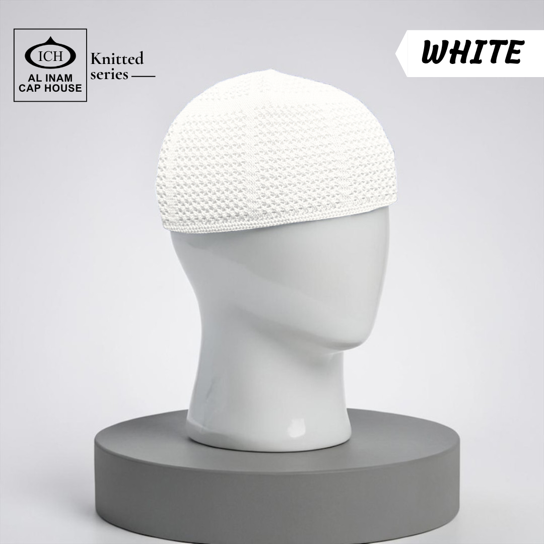 Dummy view of ICH Turkish White Islamic Knitted Cap ICH-0000-N24 crafted from premium polyester fabric, featuring breathable comfort, lightweight construction and elegant Turkish kufi cap design for Muslim men.