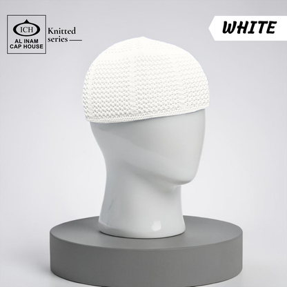 Dummy view of ICH Turkish White Islamic Knitted Cap ICH-0000-N24 crafted from premium polyester fabric, featuring breathable comfort, lightweight construction and elegant Turkish kufi cap design for Muslim men.
