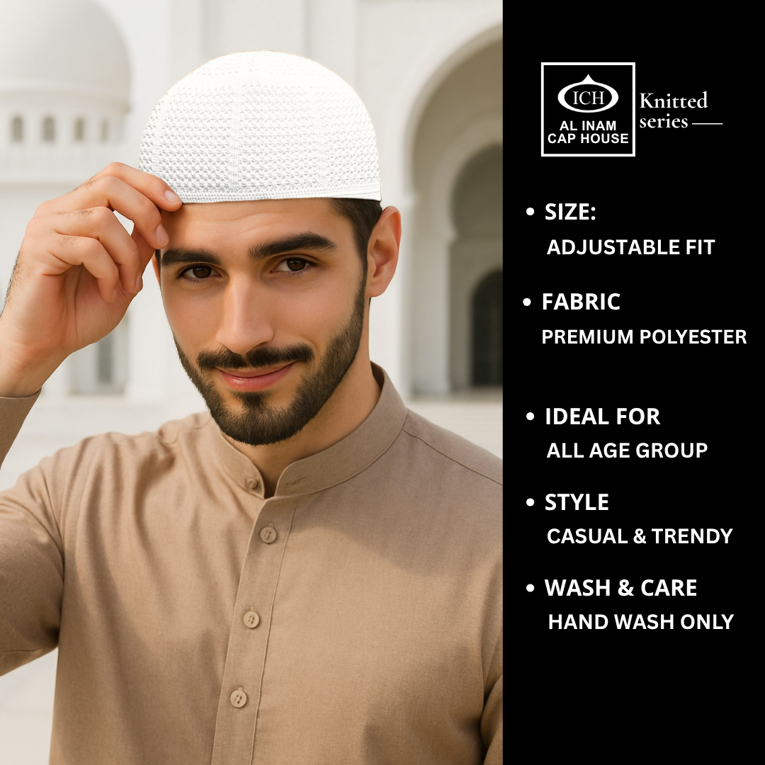 Model view of ICH Turkish White Islamic Knitted Cap ICH-0000-N24 displaying breathable polyester fabric, premium Turkish craftsmanship, secure fit and comfortable kufi cap for Muslim men.