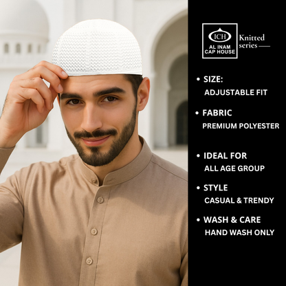 Model view of ICH Turkish White Islamic Knitted Cap ICH-0000-N24 displaying breathable polyester fabric, premium Turkish craftsmanship, secure fit and comfortable kufi cap for Muslim men.