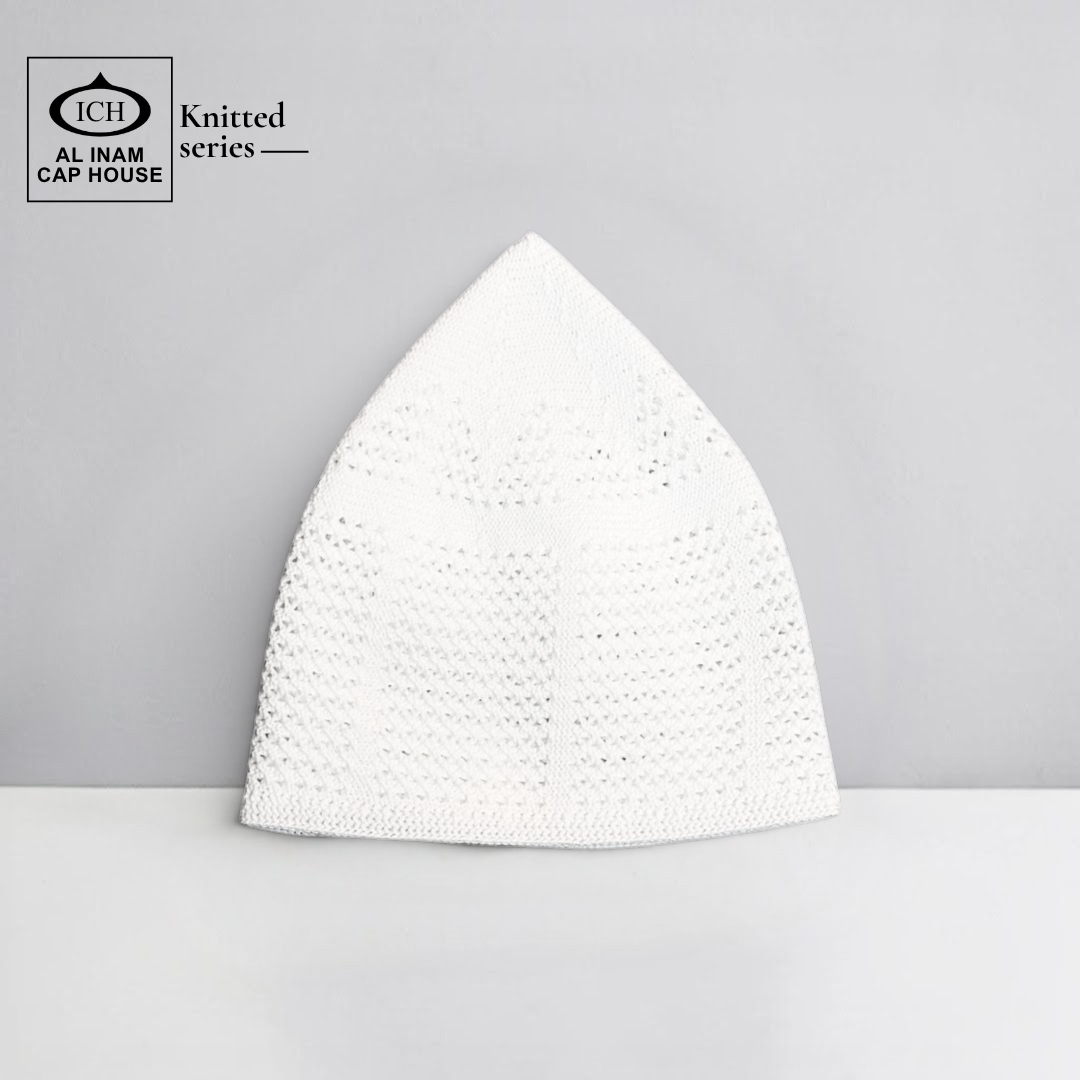 Front view of ICH Turkish White Islamic Knitted Cap ICH-0000-N24 showcasing detailed knitted texture, premium polyester construction, comfortable fit and stylish Muslim prayer cap for namaz, Jummah, Eid and daily wear.