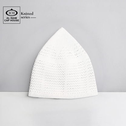 Front view of ICH Turkish White Islamic Knitted Cap ICH-0000-N24 showcasing detailed knitted texture, premium polyester construction, comfortable fit and stylish Muslim prayer cap for namaz, Jummah, Eid and daily wear.