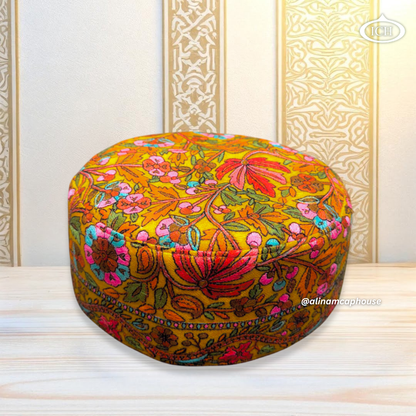 Luxury Al Inam Signature Kashmiri Topi ICH-0007-K05 top view – exclusive detailed embroidery showcasing pure Kashmiri craftsmanship, elegant Islamic cap for men from Al Inam Cap House, Delhi.