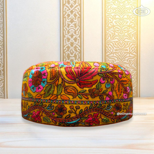 Al Inam Kashmiri Cap ICH-0007-K05 front view – royal look handcrafted Muslim topi with elegant Kashmiri embroidery, soft breathable design, perfect namaz & Eid cap by Al Inam Cap House.