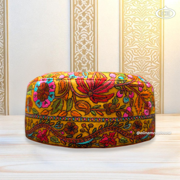 Al Inam Kashmiri Cap ICH-0007-K05 front view – royal look handcrafted Muslim topi with elegant Kashmiri embroidery, soft breathable design, perfect namaz & Eid cap by Al Inam Cap House.